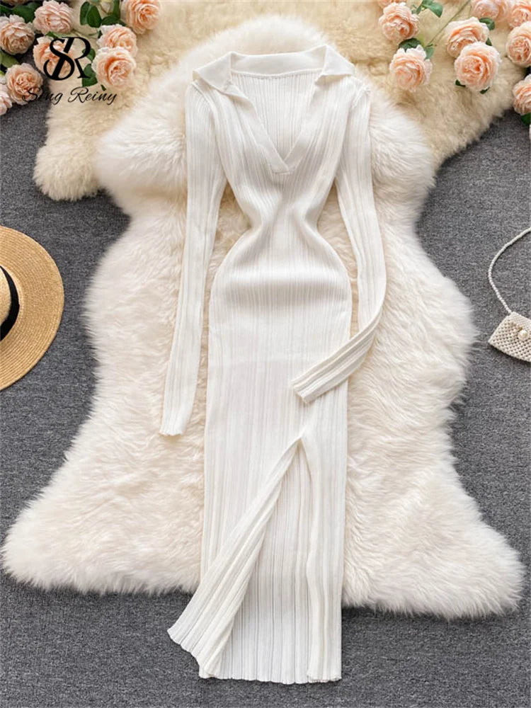 SINGREINY Women Korean Knitted Dress Long Sleeve V Neck Elastic Slim Pencil Dresses 2021 Autumn Sexy Bodycon Split Sweater Dress white One Size