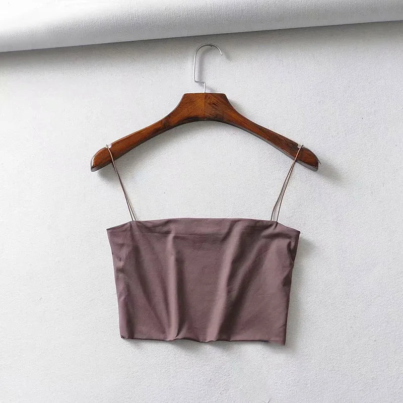 2024 Summer Women's Crop Top Sexy Elastic Cotton Camis sleeveless Short Tank Top Bar Brown