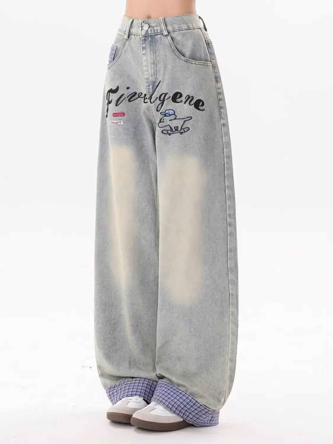 Y2K fashion retro cartoon embroidered women wide-leg jeans casual Harajuku loose pants street personality high-waisted jeans