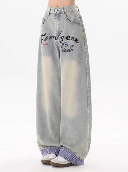 Y2K fashion retro cartoon embroidered women wide-leg jeans casual Harajuku loose pants street personality high-waisted jeans