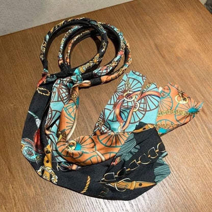Retro Silk Scarf Headband Floral Print Pearl Braided Hairband Adjustable Bow Non Slip Ribbon Hairband for Women Girls Kid