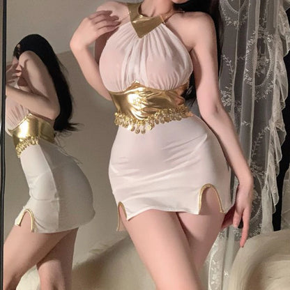 Egyptian Goddess Sexy See Through Uniform Cosplay Costume Mini Nightdress Underwear Girl Role play Halter Backless Lingerie