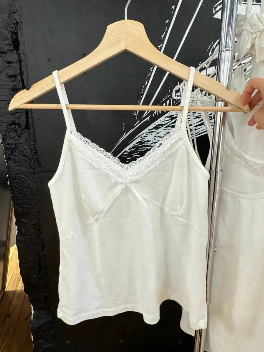 Floral Print Bow V Neck Camis Women Chic Lace Trim Sleeveless Slim Crop Tops Vest Sweet Casual Fashion Raw Hem Tank Top Y2k New White bow One Size