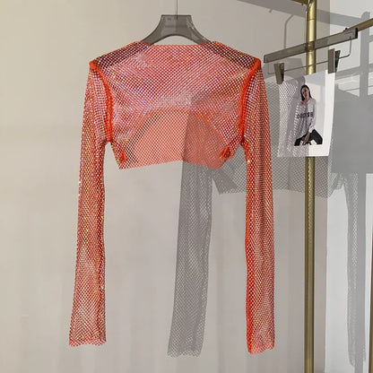 2023 new sexy bright diamond short top Slim thin Ms. hot drill long-sleeved T-shirt sexy leak waist nightclub Orange One Size