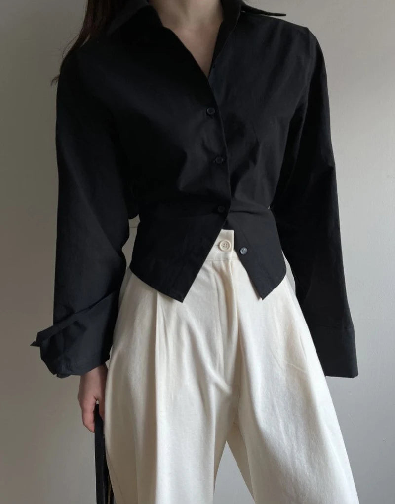 Gidyq Korean Bandage Shirt Women Fashion Backless Sexy Blouse Office Ladies Casual Slim Chic Turn Down Collar Long Sleeve Tops