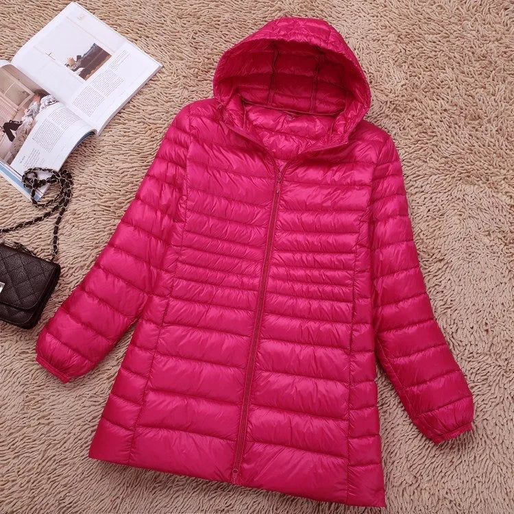 Plus Size 5XL 6XL 7XL Women's Hooded Puffer Jackets 2023 New Arrivals Female Ultra Lightweight Packable Warm Slim Fit Down Coat Rose red