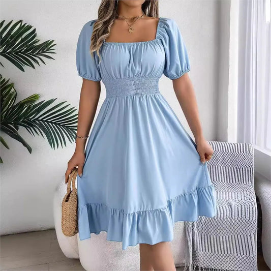 Women's MIidi Dresses 2024 Summer Casual Square Neck Short Sleeved Waist Ruffle Edge Dress Dress Women Elegant Платья Женские Badiee Stylez