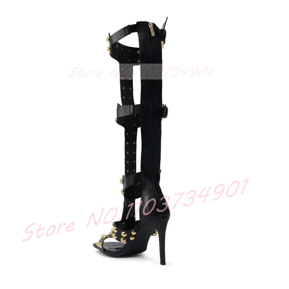 Gold Dome Studs Sandals Women Party Gladiator Open Toe Belt Buckle Zipper Knee High Shoes Female Sexy Black High Heels Sandals