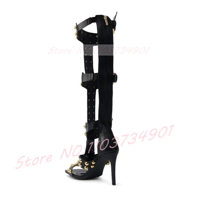 Gold Dome Studs Sandals Women Party Gladiator Open Toe Belt Buckle Zipper Knee High Shoes Female Sexy Black High Heels Sandals