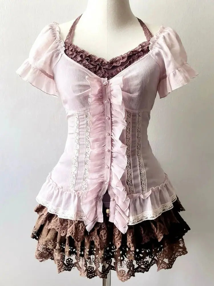 Japanese 2000s Y2k Gyaru Lolita Pink Shirt Womens Dresses 3-Piece Kawaii Sling Bow Short Dresses Sexy Fashion Party Dress Sweet