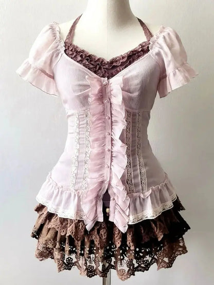 Japanese 2000s Y2k Gyaru Lolita Pink Shirt Womens Dresses 3-Piece Kawaii Sling Bow Short Dresses Sexy Fashion Party Dress Sweet