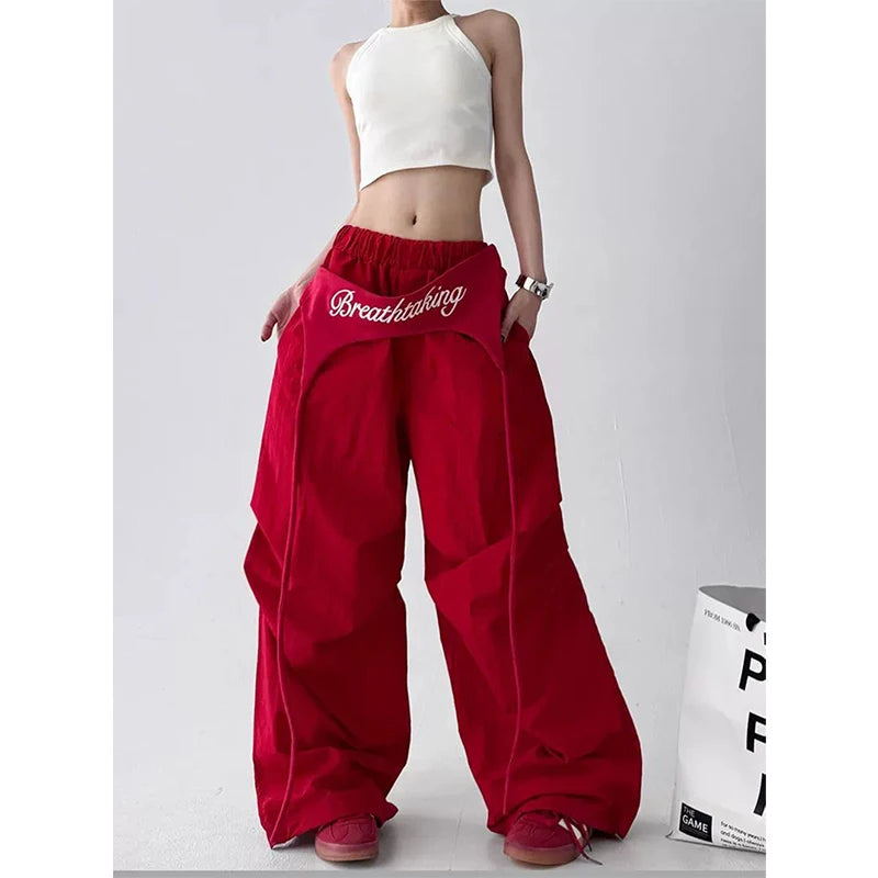 Korean Y2K Cargo Pants Women Streetwear Letter Print Baggy Sweatpants Gyaru Harajuku Wide Leg Joggers Summer Casual Trousers Badiee Stylez