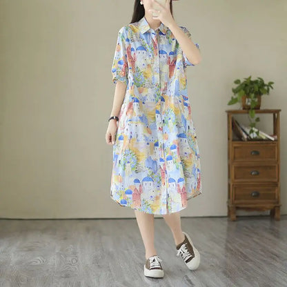 Fashionable Cartoon Printed Short-sleeved Shirt Skirt for Women in Summer Loose Dress