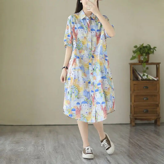 Fashionable Cartoon Printed Short-sleeved Shirt Skirt for Women in Summer Loose Dress