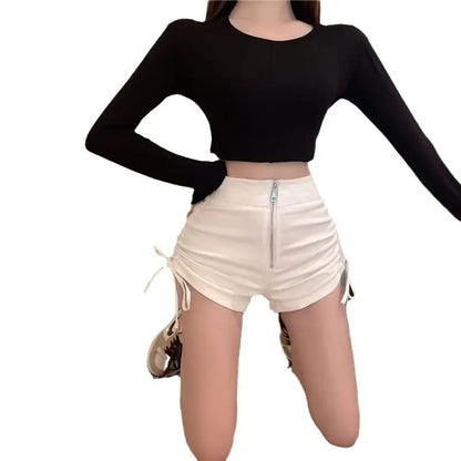 High Waist Shirring Black Bodycon Shorts Female Summer All-match Pleated Elasticity Elastic Waist Straight Women Slim Trousers