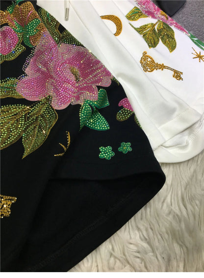 Oversized rhinestone diamond high-waisted black adjustable waist wide leg slacks Women's shorts