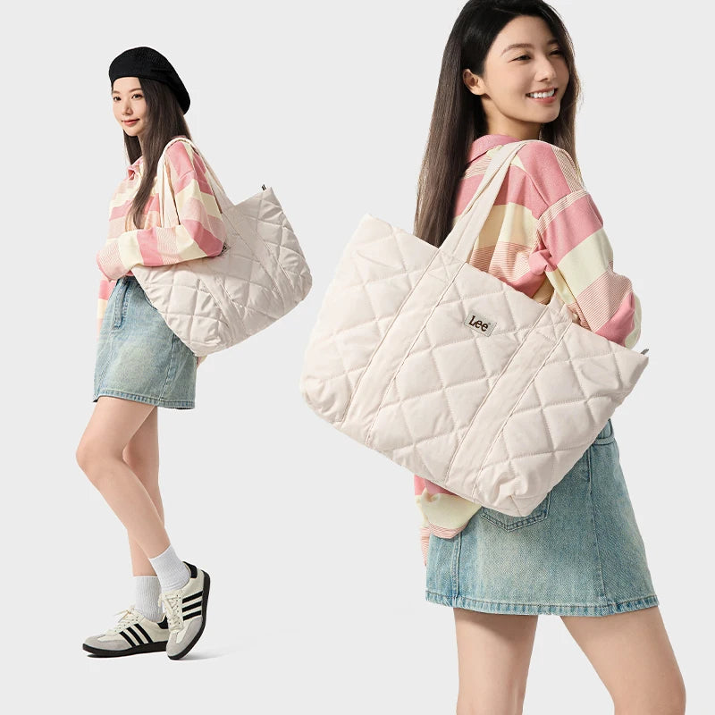 LEE Large Soft Puffer Bag Women Big Size College Students Laptop Book Quilted Tote Bag Lady Down-filled Shopping School Bags