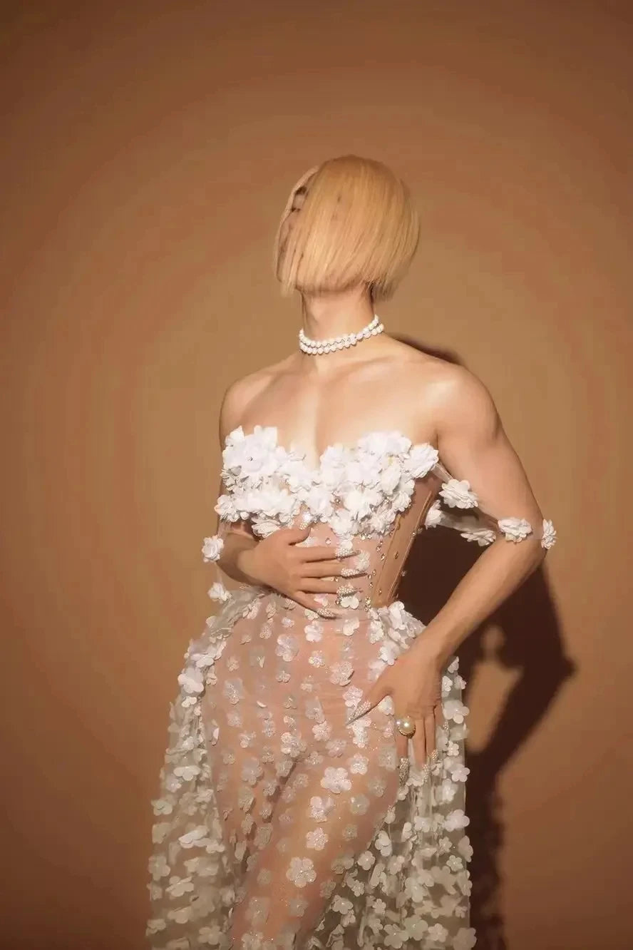 Sexy Mesh See Through Flowers Backless Long Dress 2025 Women Elegant Party Wedding Celebrate Evening Gown Prom Hotwife Outfit