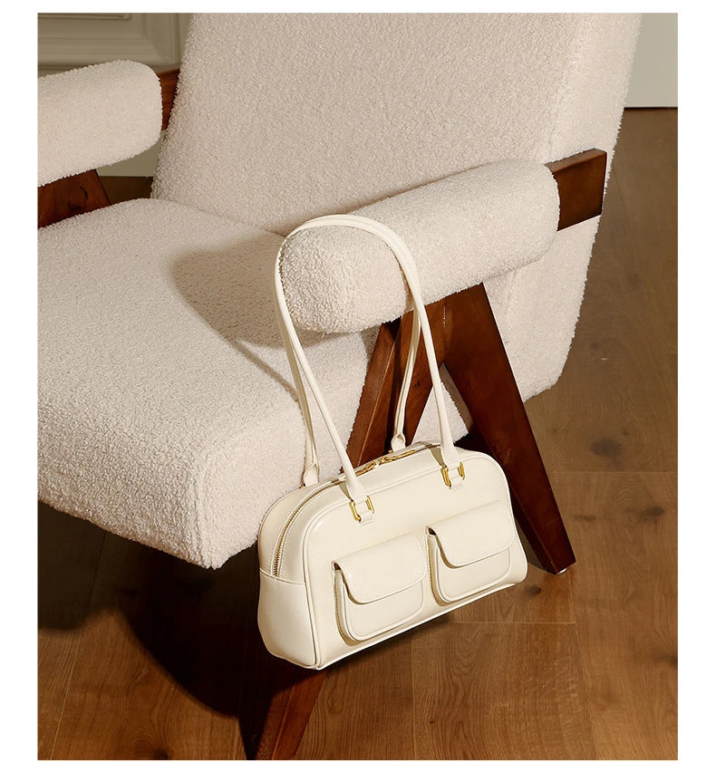 Burminsa Cowhide Genuine Leather Underarm Shoulder Bags For Women 2025 Luxury Designer Korean Bowling Tote Work Ladies Handbags