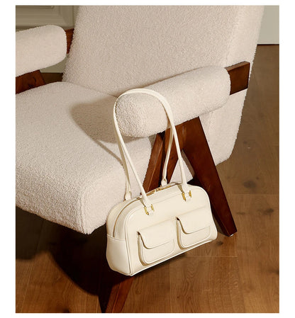 Burminsa Cowhide Genuine Leather Underarm Shoulder Bags For Women 2025 Luxury Designer Korean Bowling Tote Work Ladies Handbags