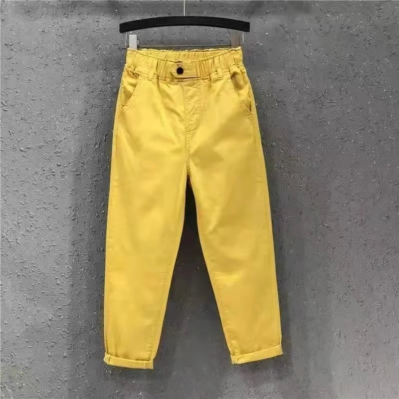 New Spring Summer Women Casual Harem Pants All-matched Casual Cotton Denim Pants Elastic Waist Solid Yellow White Jeans Female