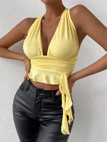 Women's Sexy Tight Fitting Deep V-neck Pleated Top Tight Fitting 2024 Spring Beach Resort Nightclub New Model Women's Sexy Tigh 2263503-yellow