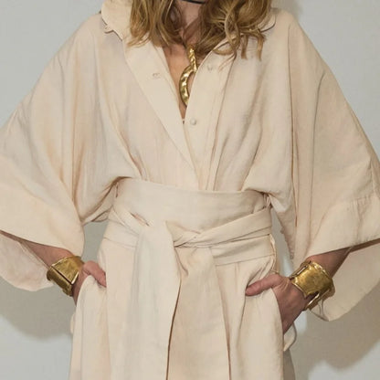 Linen Lace Up Women's Jumpsuit High V-neck Full Sleeve Top Loose Straight-leg Pants 2025 Summer Chic Female Casual Streetwear