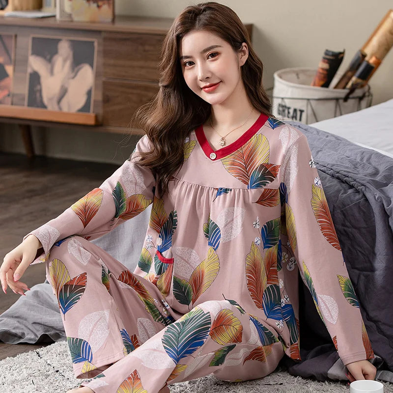 Big yards M-4XL v-neck long sleeve pajamas set for women floral print nightwear autumn cotton sleepwear nightie female pyjama TM8419