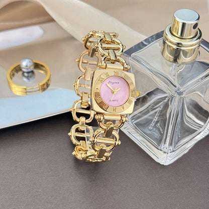 High-End Women's Skeleton Design Watch Square Roman Hour Markers Light Luxury Fashion Cross-Border Best-Seller Ladies Watch Pink