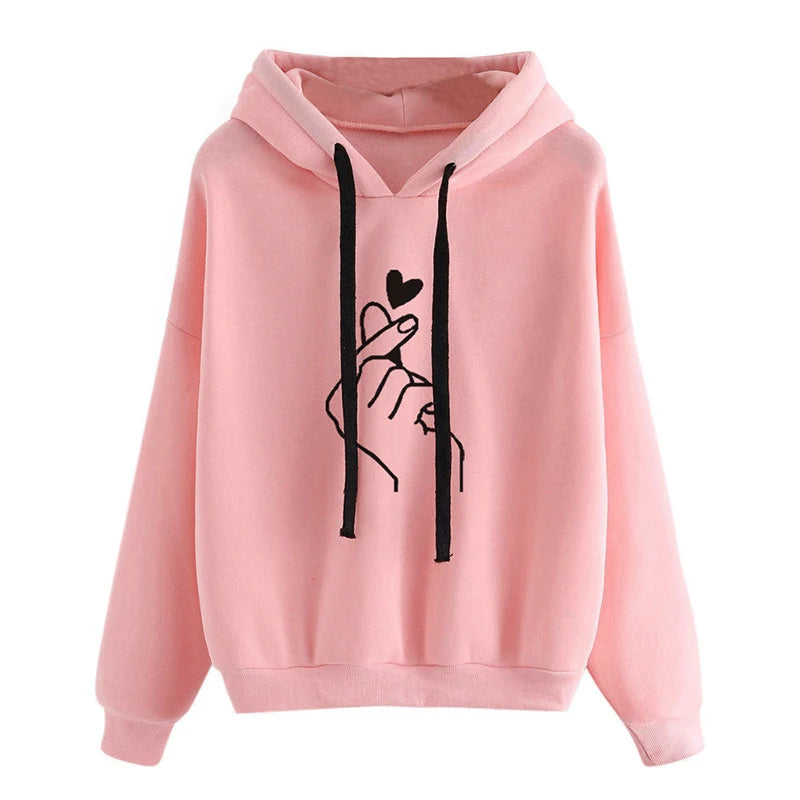 Autumn Fleece Hoodie Solid Color Finger Heart Hooded Korean Fashion Sweatshirts Long Sleeve Top Drawstring Pockets Loose Hoodies Pink