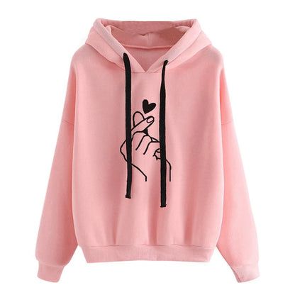Autumn Fleece Hoodie Solid Color Finger Heart Hooded Korean Fashion Sweatshirts Long Sleeve Top Drawstring Pockets Loose Hoodies Badiee Stylez