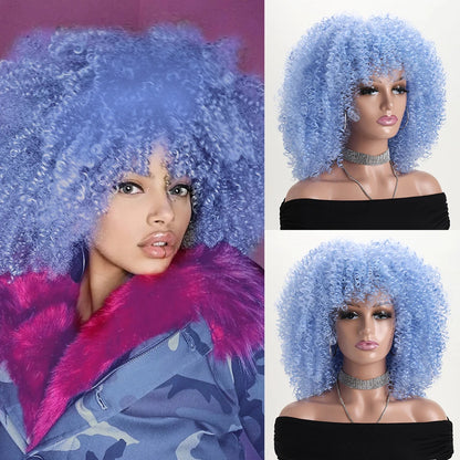 16 Inch Afro Kinky Curly Hair Wigs With Bangs Soft Fluffy Synthetic Fiber None Lace Wigs For Party Cosplay Daily Use Badiee Stylez