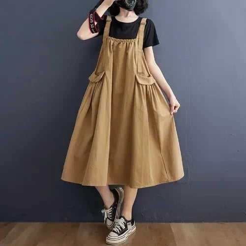 Female Dress Summer Mid-Length Loose Solid Color Pocket Swing Chic Casual Straps Dresses New Women Dress Vestidos Selling khaki One Size