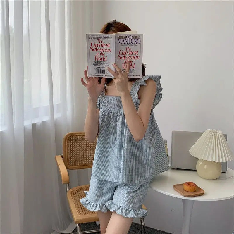 Plaid Sleepwear Women Pajamas Shorts Set Fly Sleeve Korean Kawaii Pijama Ruffles Summer Home Clothes Suit Sleeping Night Wear