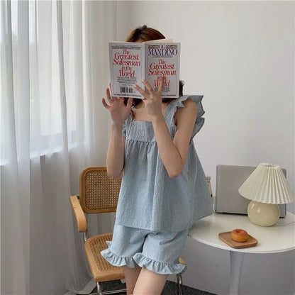 Plaid Sleepwear Women Pajamas Shorts Set Fly Sleeve Korean Kawaii Pijama Ruffles Summer Home Clothes Suit Sleeping Night Wear