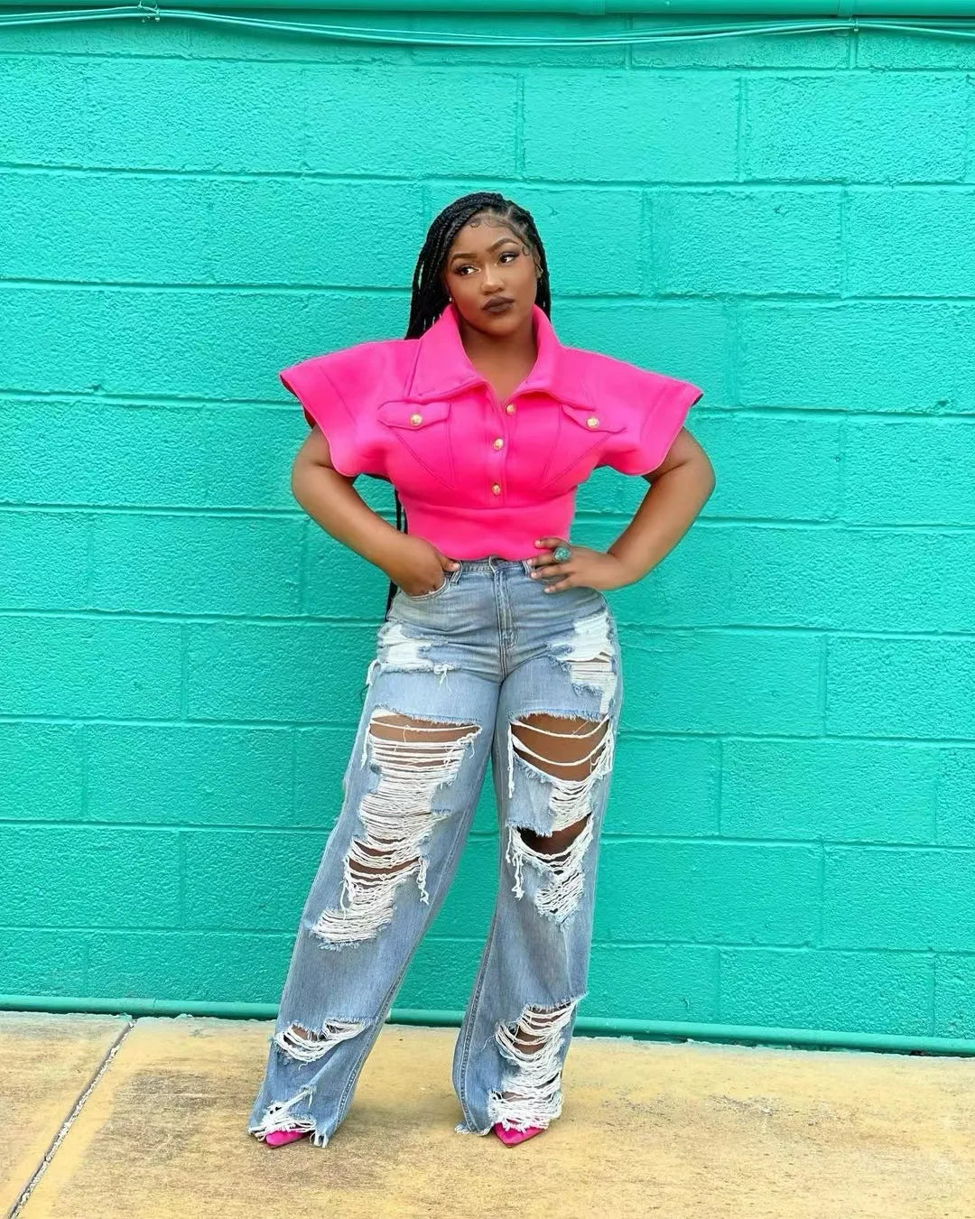 Jeans Women Long Pants Elegant Splice Denim Pant Slim Fit Sexy Hole High Waist Button Pocket Straight Trousers Summer 2024