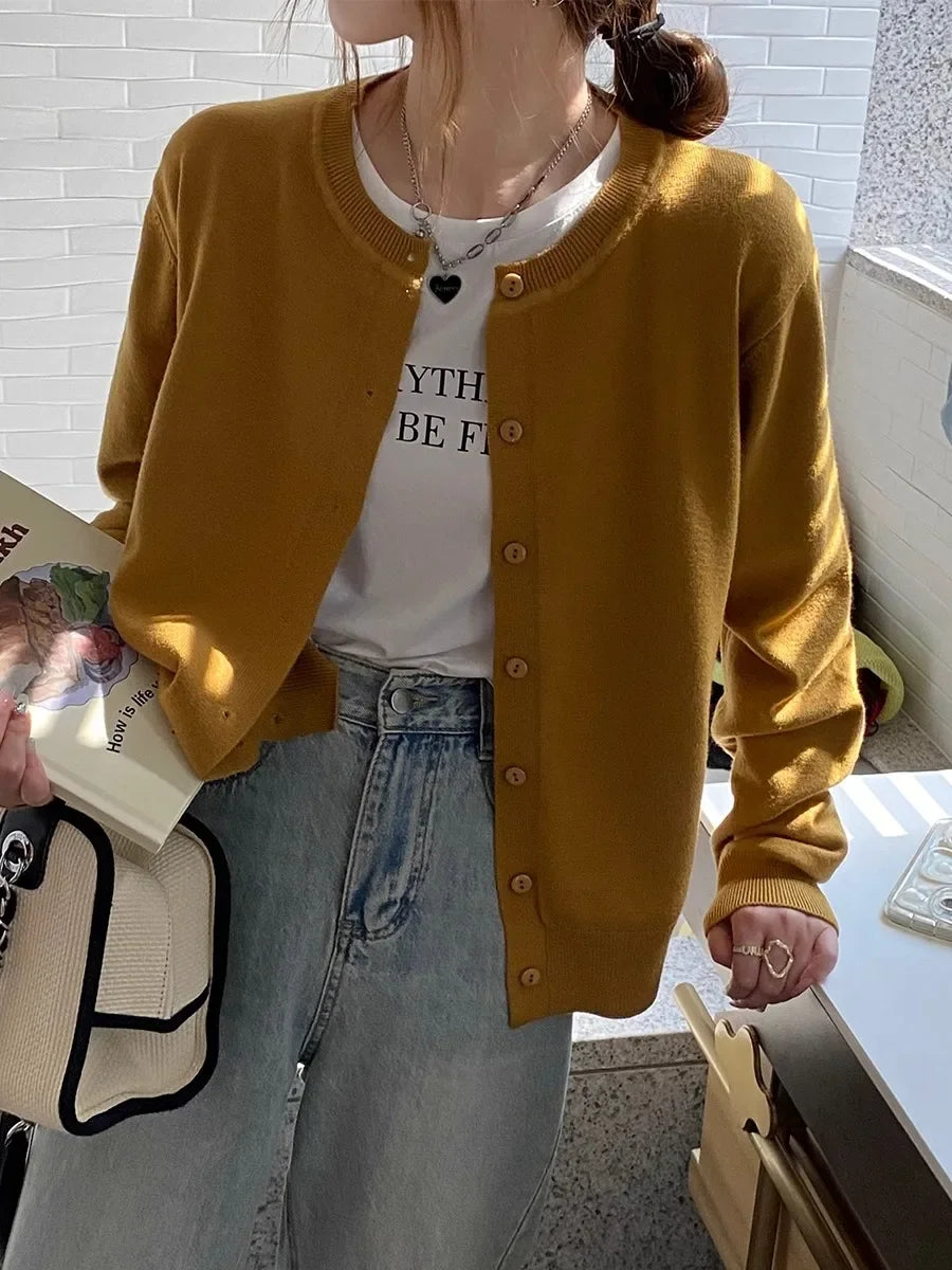 New 2025 Spring Summer Knit Cardigan O-Neck Solid Color Fashion High-Grade Comfortable Slim Casual Knitwear Tops Mustard Green One Size