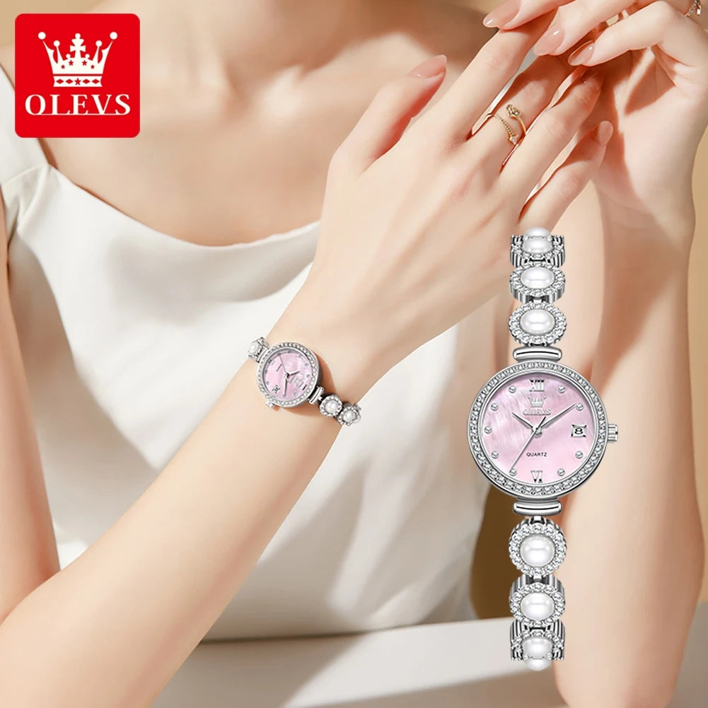 OLEVS 5635 Fully Diamond Pearl Hand Chain Watch Fashion Elegant Waterproof Women's Watches Original Quartz Wrist Watch for Women