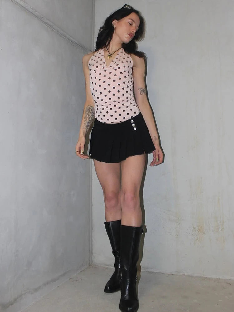 weird Puss Polka Dot Print Vest Women Y2K Lace-Up Backless Halter v-Neck Skinny Summer Trend Daily Street Basic Chic Tank Tops