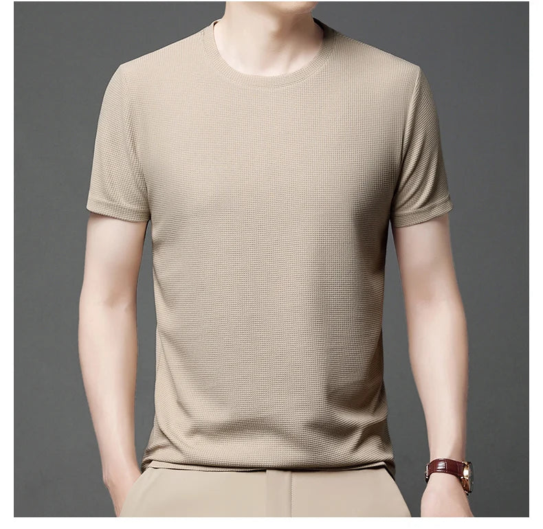 New Summer Waffle Round Neck Short Sleeved T-shirt for Men's Short Sleeved Top Badiee Stylez