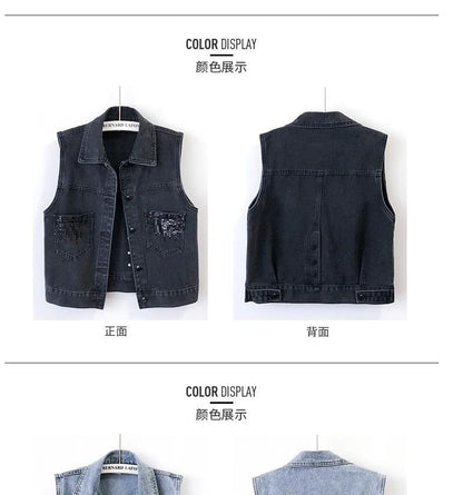 2024 Fashion Design Sequins Denim Vest Summer Autumn Women's Waistcoat Korean Leeveless Denim Jeans Jacket Female Vest Tops
