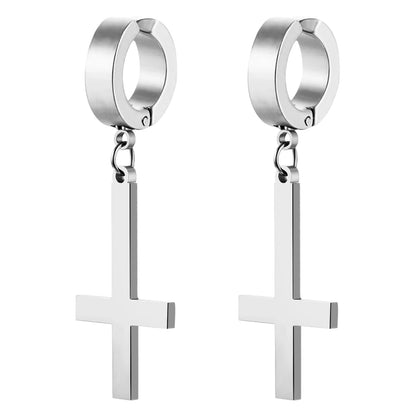 BONISKISS Men Women Stainless Steel Inverted Upside Down Cross Earring Church of Satan Temple Occult Satanic Witchy Stud Jewelry new-silver