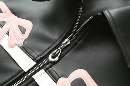 Zekye Vintage Women's Faux Leather Jacket Autumn Winter Lapel Collar Bow Detail Zipper Overcoat Fashionable Outerwear