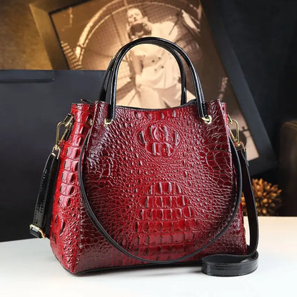 Genuine Leather Women Handbags New Tote Bag Fashion Crocodile Print Bucket Bag Retro Shoulder Messenger Bags Trend 2025 Red