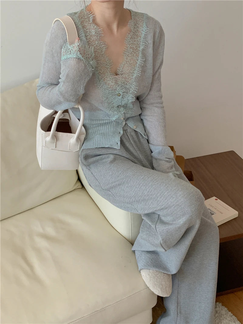 High-fashion Kawaii Botton Up Lace Patchwork Knitted Cardigan Women Autumn Winter Ladies Elegant Vintage Sweater Cheap Wholesale