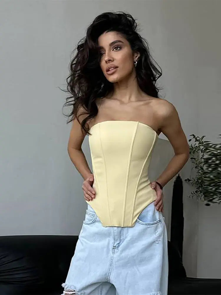 Two Piece Set Fishbone Strapless Vest Top Suit Short Jacket Solid Color Slim Fit Fashion Women Tank Blouse Waist Cinched Coat