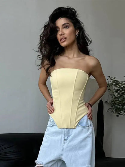 Two Piece Set Fishbone Strapless Vest Top Suit Short Jacket Solid Color Slim Fit Fashion Women Tank Blouse Waist Cinched Coat