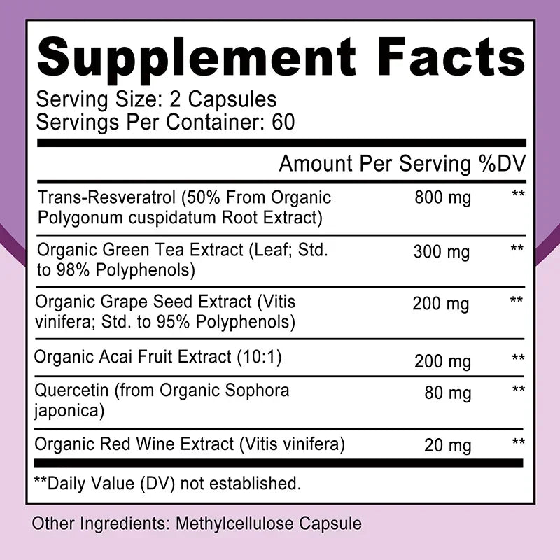 Resveratrol Capsules - Antioxidant Supplement for Heart and Cell Health, Supports Healthy Skin and Immune System