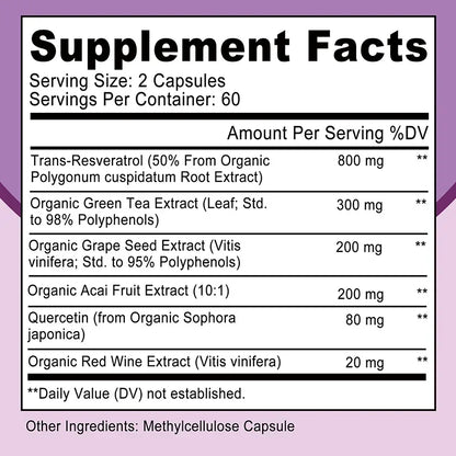 Resveratrol Capsules - Antioxidant Supplement for Heart and Cell Health, Supports Healthy Skin and Immune System