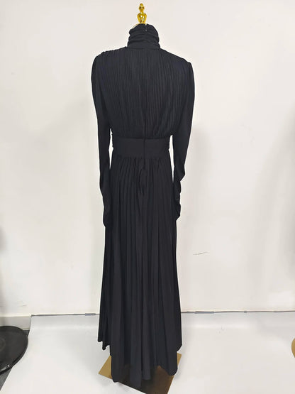 TWOTWINSTYLE Solid Spliced Belt Slimming Dresses For Women O Neck Long Sleeve High Waist Temperament Long Dress Female Clothes